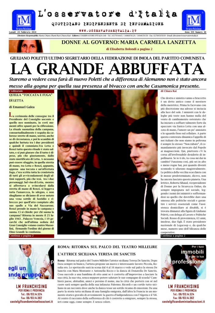 L'osservatore d'Italia edizione del 24 Febbraio 2014
